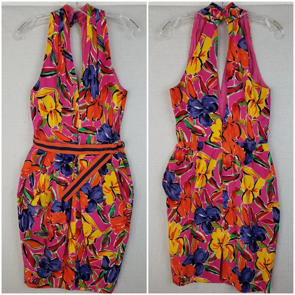 Vintage Tulip Dress Colorful Abstract Floral Print Halter Knee Length Belt sz 8 - Picture 7 of 16